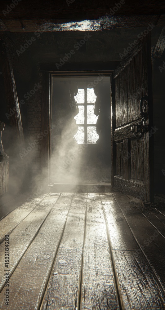 A dimly lit interior hallway with a small window. A dimly lit interior hallway with a small window.