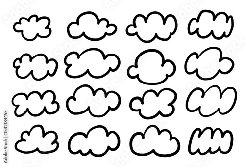 Bold Line Art Puffy Cloud Shape. A playful collection of cartoon style puffy cloud outlines with rounded thick contours and bold strokes. Perfect for weather icons kids graphics and whimsical decor