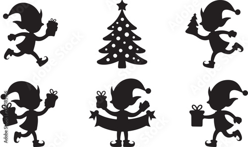 Christmas Elf Silhouette Ensemble, a Whimsical Holiday Art Design, Ideal for Festive Workshop Decor and Elf Magic Illustration