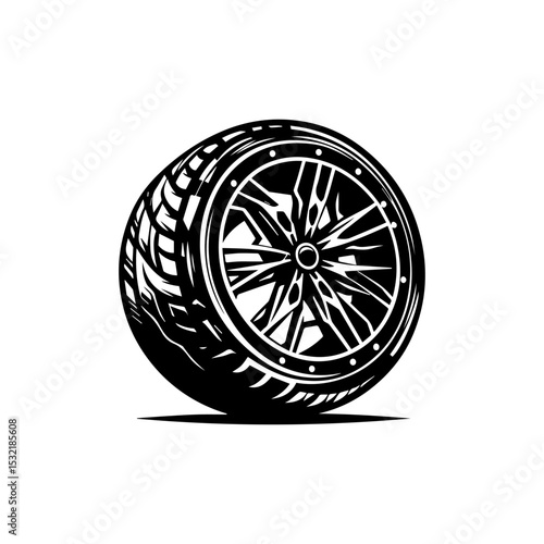 Minimalist black and white wheel logo showcasing technical tire profile with realistic tread grooves and rim contours