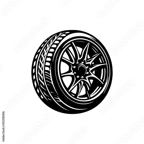 Minimalist black and white wheel logo showcasing technical tire profile with realistic tread grooves and rim contours