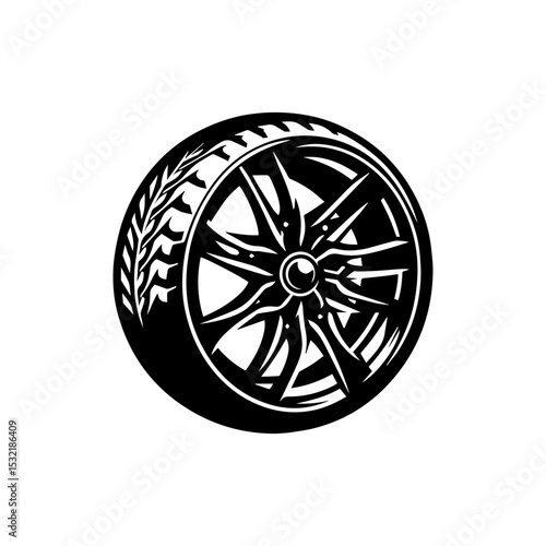 Detailed black and white illustration of car wheel with tire isolated on white background. Transportation concept