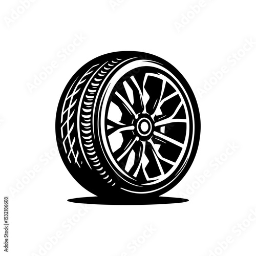 Modern automotive rim vector emblem with detailed tire cross-section and precision spoke design in monochrome style