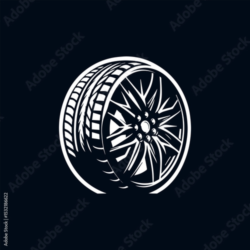 Modern automotive rim vector emblem with detailed tire cross-section and precision spoke design in monochrome style