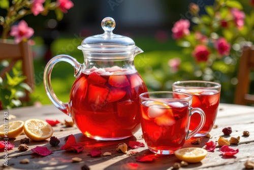 iced hibiscus tea glowing red in glass teapot and cups, surrounded by dried petals and citrus slices, light filtering through on a sunny garden table.