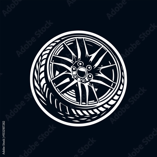 Technical car wheel silhouette logo featuring accurate tread pattern and alloy wheel anatomy in stark black and white