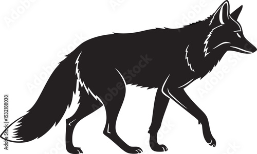 Black silhouette of a fox walking on a white background in a vector illustration style image