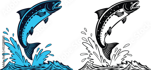 Salmon mid-jump with splash silhouette.eps