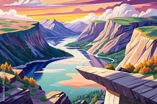 Vector illustration of Trolltunga cliff viewpoint in Norway, showcasing dramatic rock ledge, fjord landscape, hiking destination, and scenic adventure in Nordic wilderness.