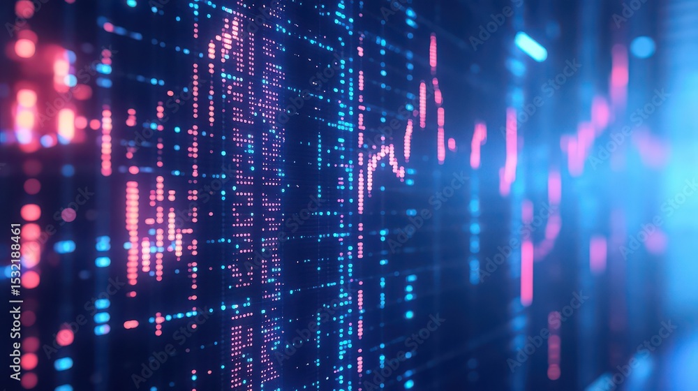 Abstract digital display of stock market data with blue and pink pixelated lines and glowing effect Abstract digital display of stock market data with blue and pink pixelated lines and glowing effect
