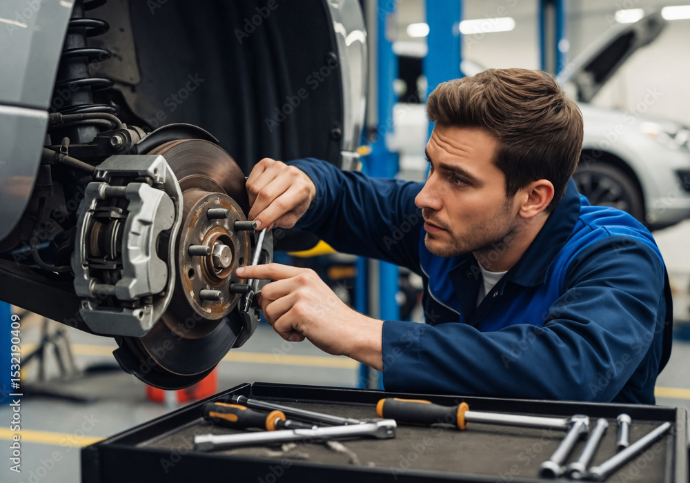Skilled Mechanic Technician Replacing Vehicle Brake Components in Modern Automotive Service Center Skilled Mechanic Technician Replacing Vehicle Brake Components in Modern Automotive Service Center