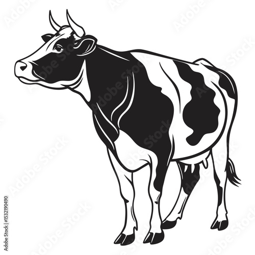 Black and white dairy cow grazes peacefully in the pasture field