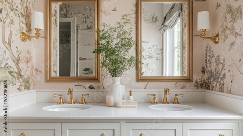 Elegant Powder Room with Floral Wallpaper and Gold Accents