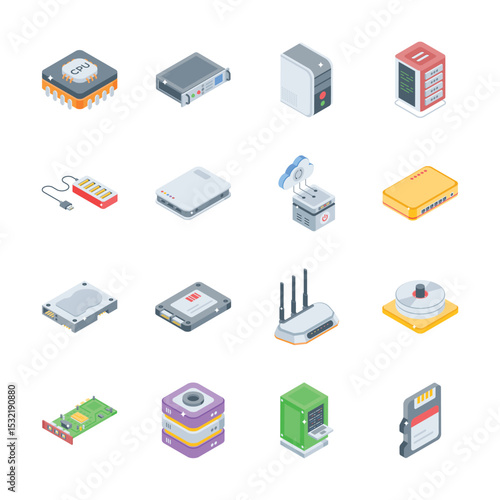 Download this trendy pack of data storage isometric style icons