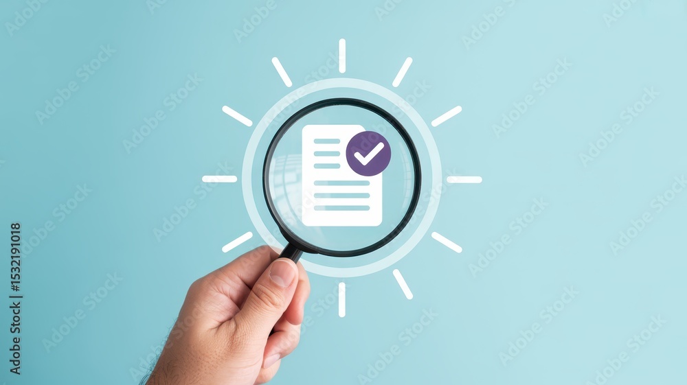 Hand holding a magnifying glass focused on a document icon with a check mark. Hand holding a magnifying glass focused on a document icon with a check mark.
