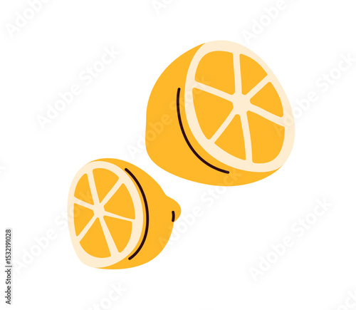 Lemon cut in two halves, pieces. Fresh yellow citrus fruit in cross-section, ...
