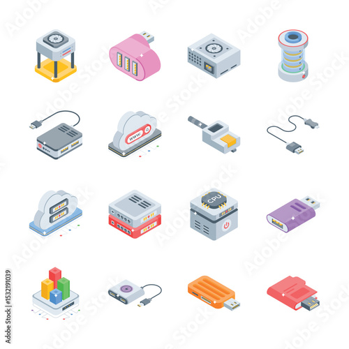 Handy bundle of data backup and database isometric style icons