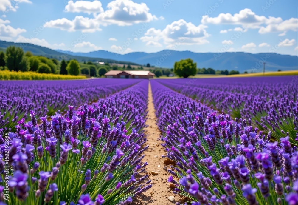 Naklejka premium field of lavender blooming in rows, vibrant purple flowers under cloudless sky, essential oil farm in summer peak.