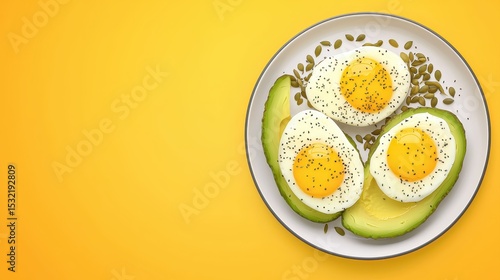 Plate with three sunny-side-up eggs, two avocado halves, and sprinkled seeds on a yellow background.