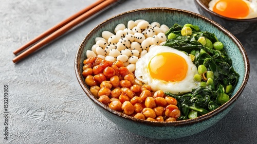 A healthy bowl with fried egg, chickpeas, white beans, sauteed spinach, and green onions, served with chopsticks on a textured surface.