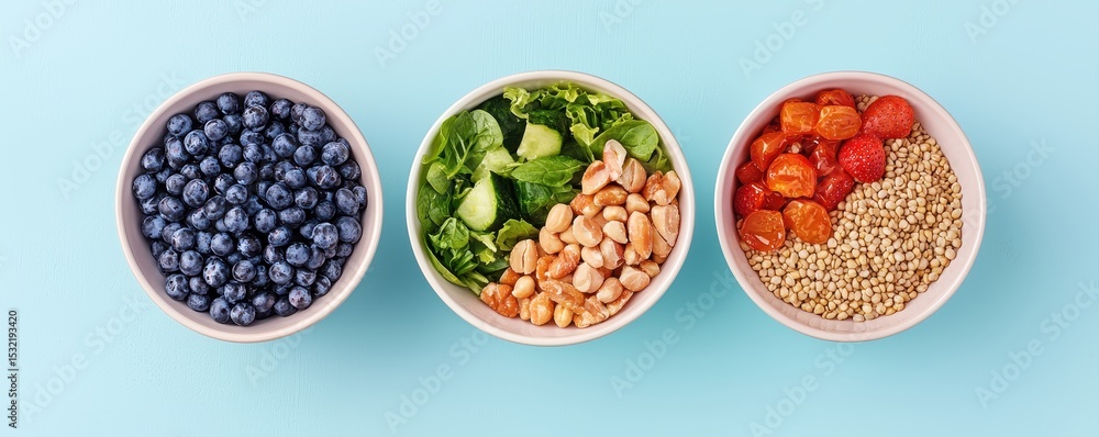 Three bowls filled with blueberries, mixed salad with chickpeas, and quinoa with cherry tomatoes on a light blue background. Three bowls filled with blueberries, mixed salad with chickpeas, and quinoa with cherry tomatoes on a light blue background.