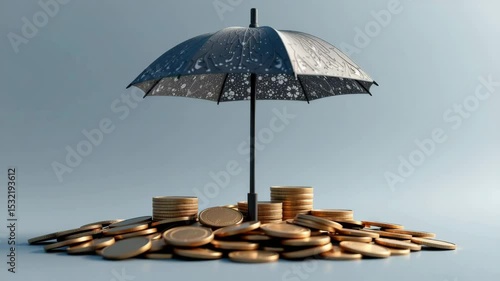 An umbrella shelters stacks of gold coins, symbolizing financial protection or savings security.