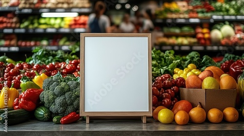Produce Display with Blank Sign: A vibrant assortment of colorful fruit and vegetables frames a pristine blank sign.