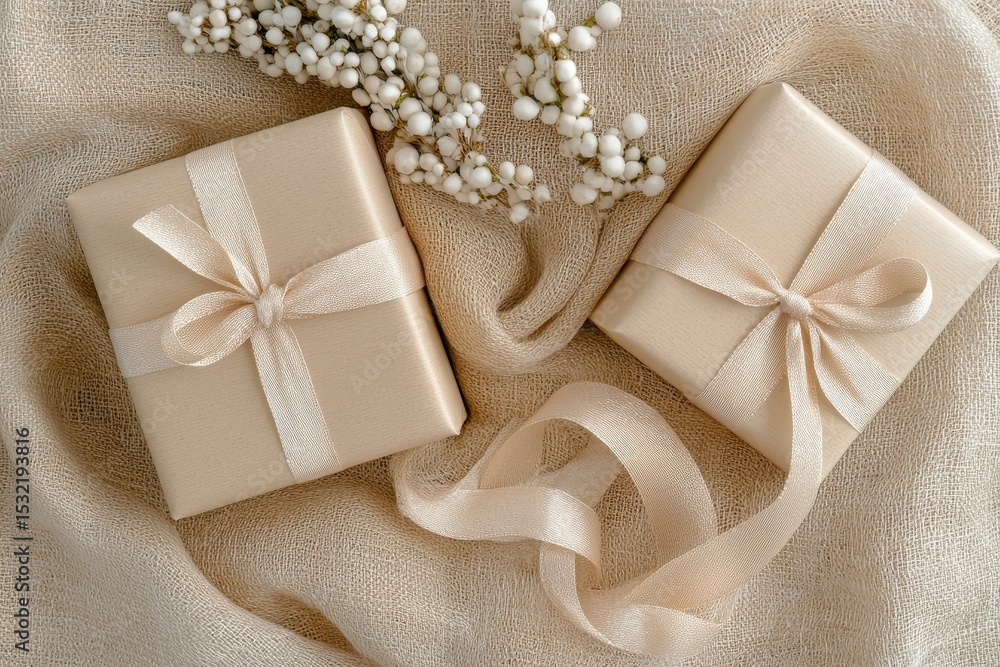 Two beige gift boxes with ribbons on a textured fabric. Two beige gift boxes with ribbons on a textured fabric.