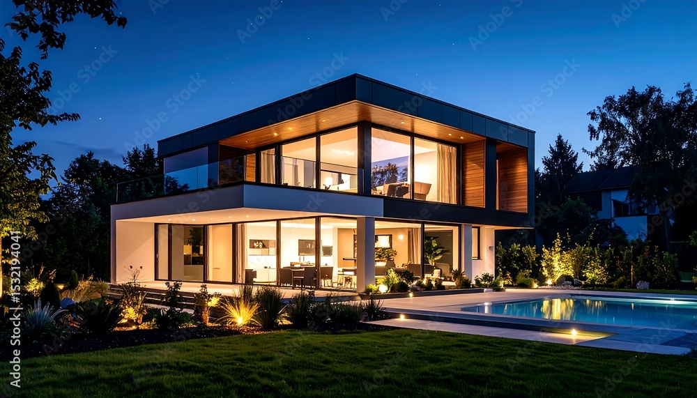 Modern home at night with pool Modern home at night with pool