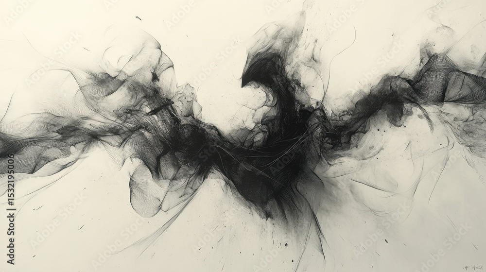 Fototapeta premium Dynamic abstract art piece showcases flowing black ink patterns creating an ethereal feeling of movement and depth in a minimalist style on a white background