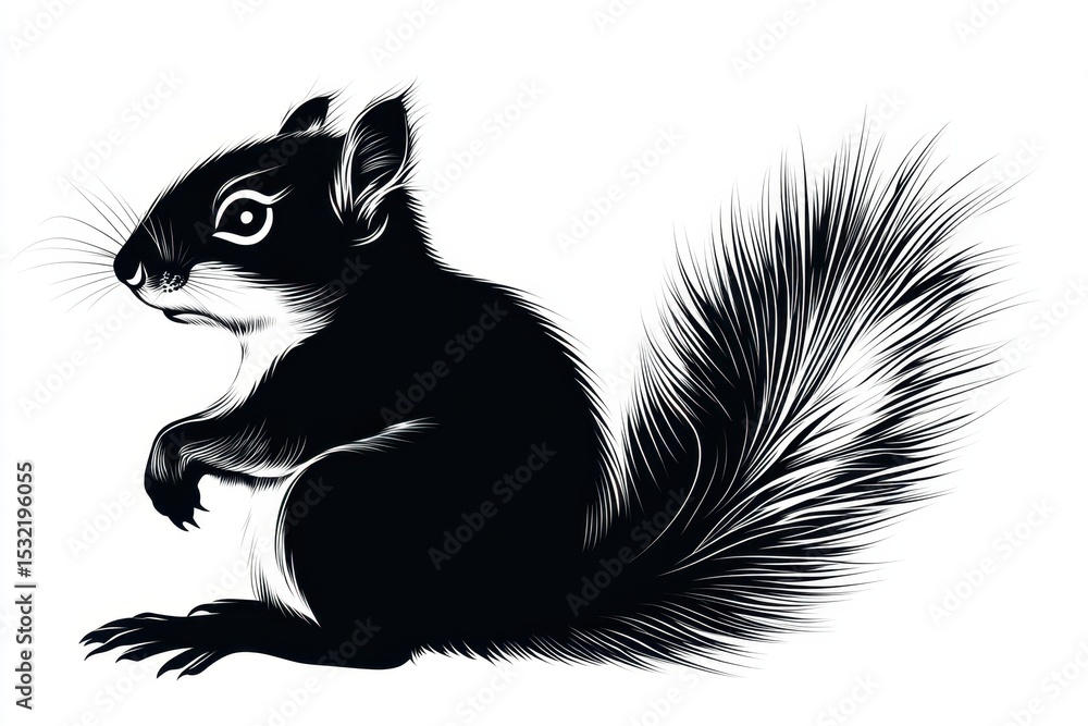 Fototapeta premium Squirrel sitting gracefully with bushy tail in a stylized black and white illustration captured in a nature-inspired artistic format