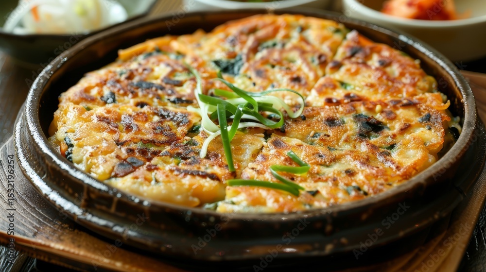 A crispy South Korean haemul pajeon, a savory seafood pancake packed with shrimp, squid, and scallions, served on a ceramic dish. A crispy South Korean haemul pajeon, a savory seafood pancake packed with shrimp, squid, and scallions, served on a ceramic dish.