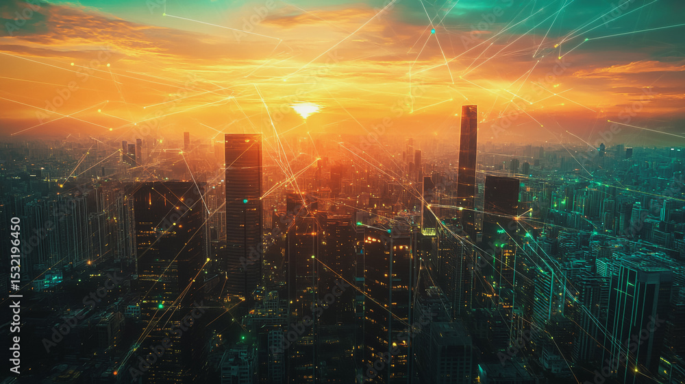 Fototapeta premium Smart city with connection network reciprocity over the cityscape social media networking systems that connects on the peak of success amid tall, innovative Smart city and graphs with statistics