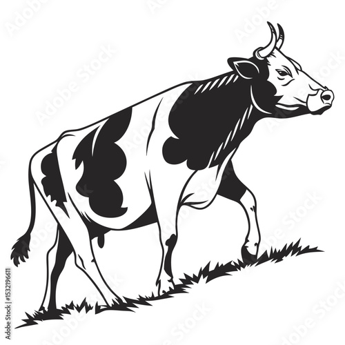 A black and white cow walks forward, showing its horns, on grass patch