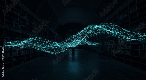 Digital data wave flows through dark, ancient library. Represents knowledge, technology, AI, or future learning.