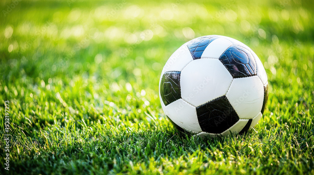 Fototapeta premium A soccer ball on a grassy field with a blurred background.