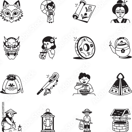 Pack of Japanese Traditions Doodle Style Icons 

