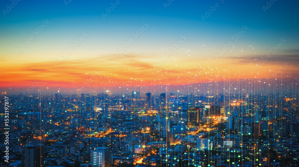 Obraz premium Smart city with connection network reciprocity over the cityscape social media networking systems that connects on the peak of success amid tall, innovative Smart city and graphs with statistics