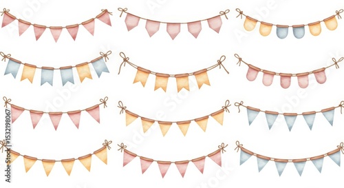Cute watercolor bunting garlands in gentle pastel colors. Perfect hand-painted decoration for parties, baby showers, or nursery decor.
