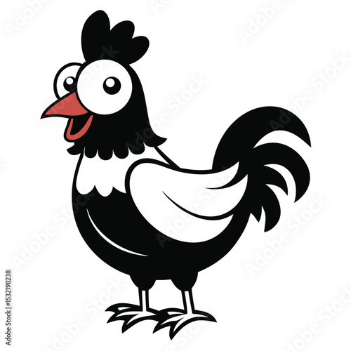 Chicken cartoon with big eyes, red beak, white and black body stands