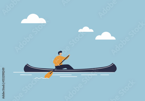 A man paddles a canoe on a calm river, enjoying a peaceful outdoor activity. Simple, modern illustration style. Focus on flow and serenity.