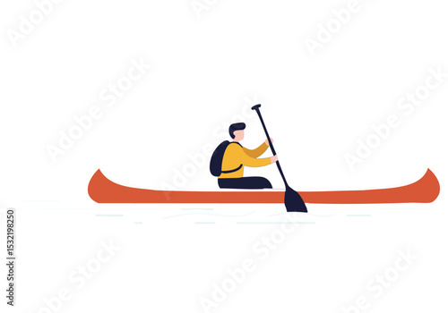 A man paddles a canoe on a calm lake under a cloudy sky.  A peaceful, minimalist illustration evokes a sense of flow and tranquility. Perfect for lifestyle and wellness themes.