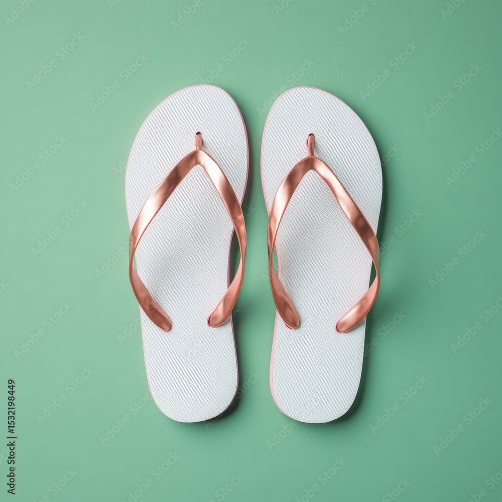 Fototapeta premium Pair of white flip-flops with rose gold accents on a mint green background