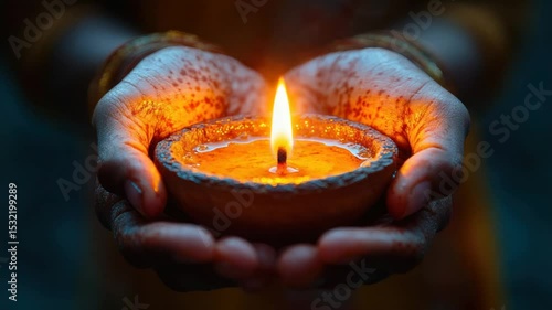 Hands holding a diya, a traditional oil lamp, with a warm, bright flame