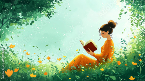 Illustration of a woman reading in the garden.
