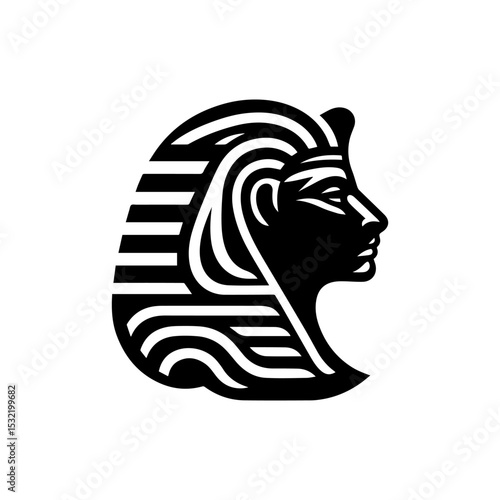 Black and white iconic Egyptian pharaoh mask illustration vector logo representing ancient civilization. History concept