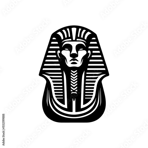 Black and white iconic Egyptian pharaoh mask illustration vector logo representing ancient civilization. History concept