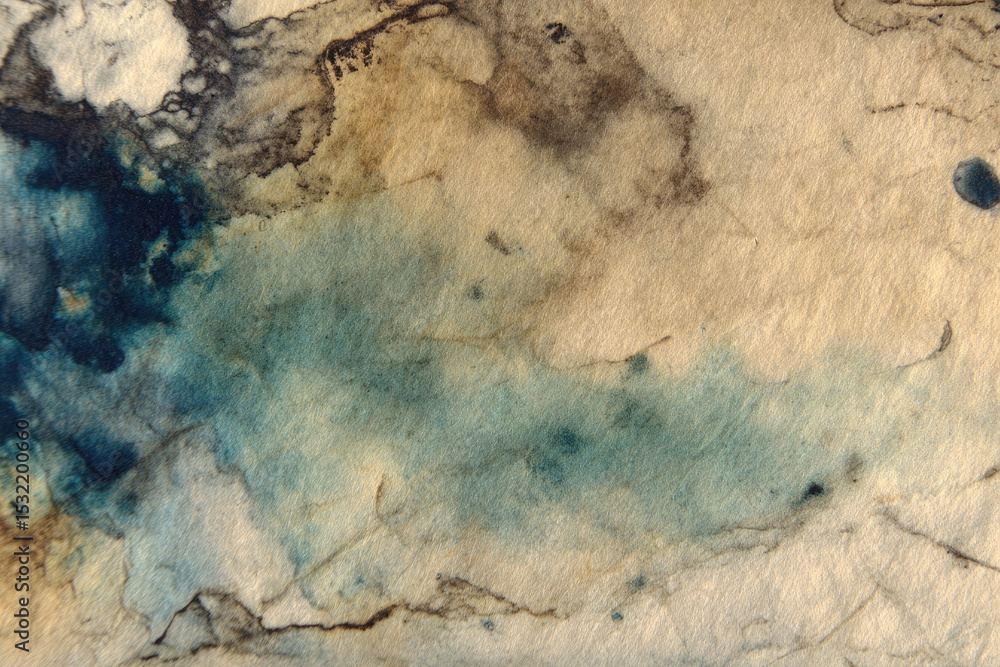 Textured abstract background with blend of blue, brown, and beige tones, resembling watercolor or ink on paper. chaotic pattern creates sense of movement and depth Textured abstract background with blend of blue, brown, and beige tones, resembling watercolor or ink on paper. chaotic pattern creates sense of movement and depth