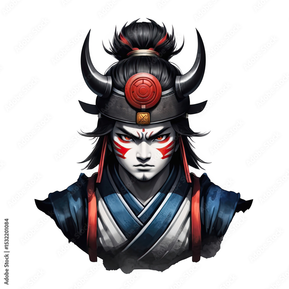 Naklejka premium Samurai warrior illustration japanese art with helmet and red face paint design on transparent background