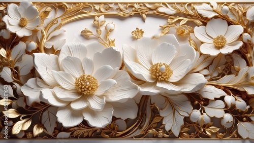 Elegant White Flowers Golden Accents Floral Art Wall Decor